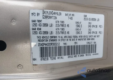 2003 Dodge Grand Caravan Sport z USA, uszkodzony, nr VIN 2D4GP44333R365212